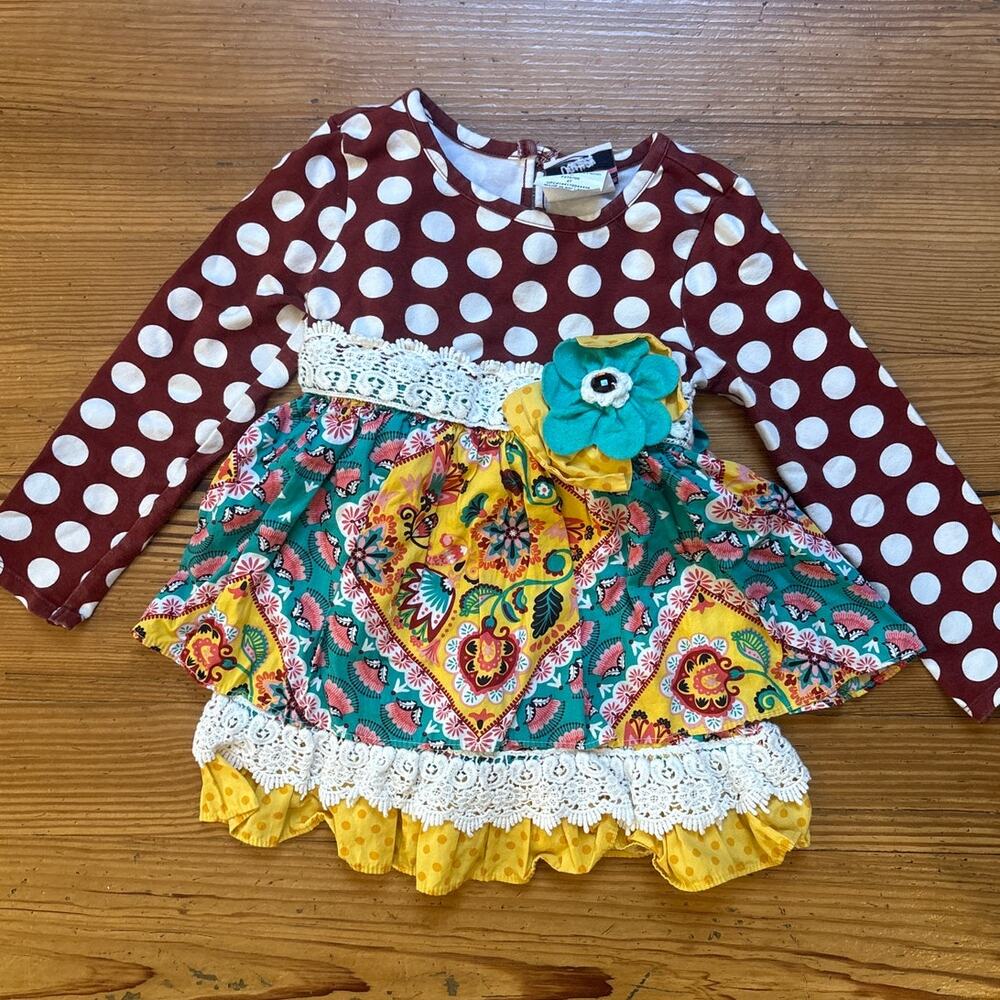 Counting Daisies brown polkadot colorful ruffle teal long sleeve pant set SIZE 4 - Picture 2 of 7